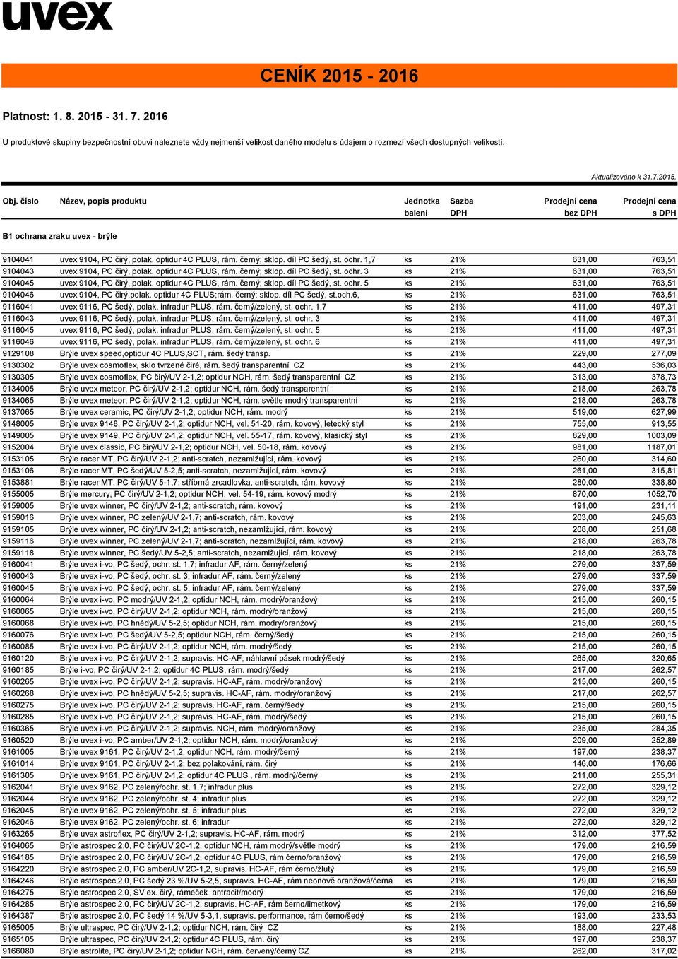 optidur 4C PLUS, rám. černý; sklop. díl PC šedý, st. ochr. 1,7 ks 21% 631,00 763,51 9104043 uvex 9104, PC čirý, polak. optidur 4C PLUS, rám. černý; sklop. díl PC šedý, st. ochr. 3 ks 21% 631,00 763,51 9104045 uvex 9104, PC čirý, polak.