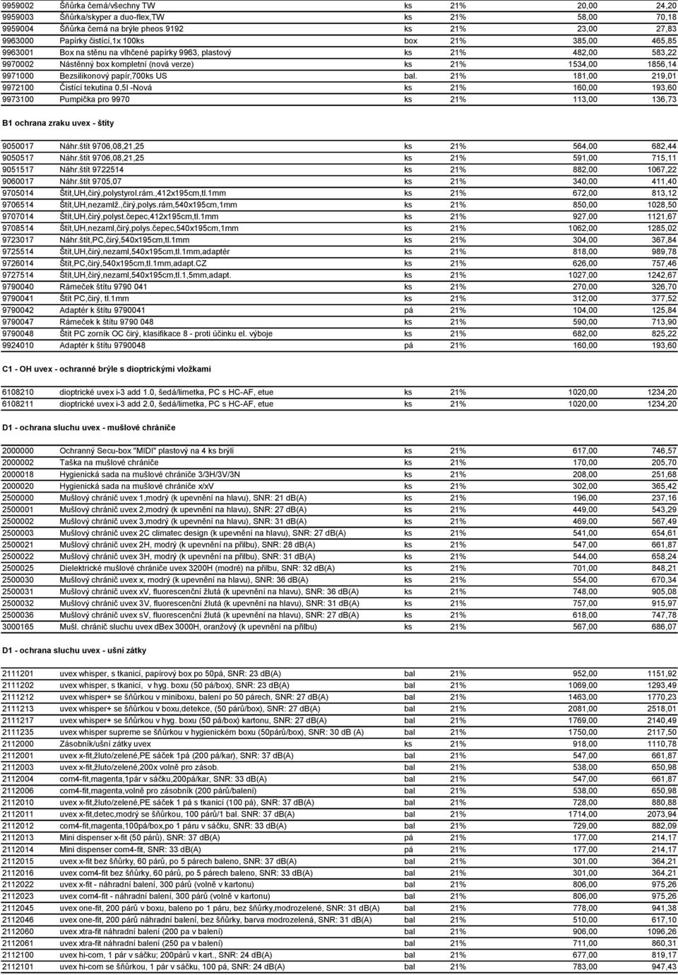 US bal. 21% 181,00 219,01 9972100 Čistící tekutina 0,5l -Nová ks 21% 160,00 193,60 9973100 Pumpička pro 9970 ks 21% 113,00 136,73 B1 ochrana zraku uvex - štíty 9050017 Náhr.