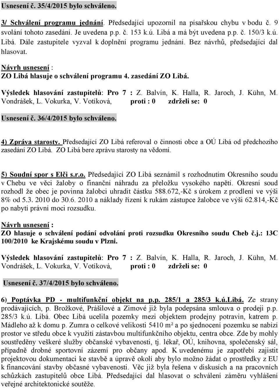 Výsledek hlasování zastupitelů: Pro 7 : Z. Balvín, K. Halla, R. Jaroch, J. Kühn, M. Usnesení č. 36/4/2015 bylo schváleno. 4) Zpráva starosty.