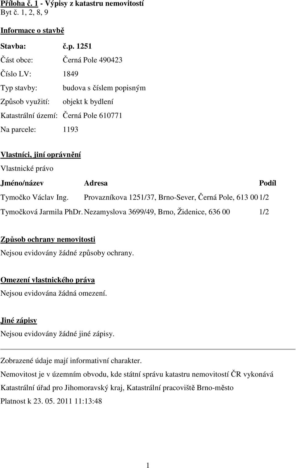 1251 Část obce: 490423 Číslo LV: 1849 Typ stavby: Způsob využití: budova s číslem popisným objekt k bydlení Katastrální území: 610771 Na parcele: 1193 Vlastníci, jiní oprávnění Vlastnické právo