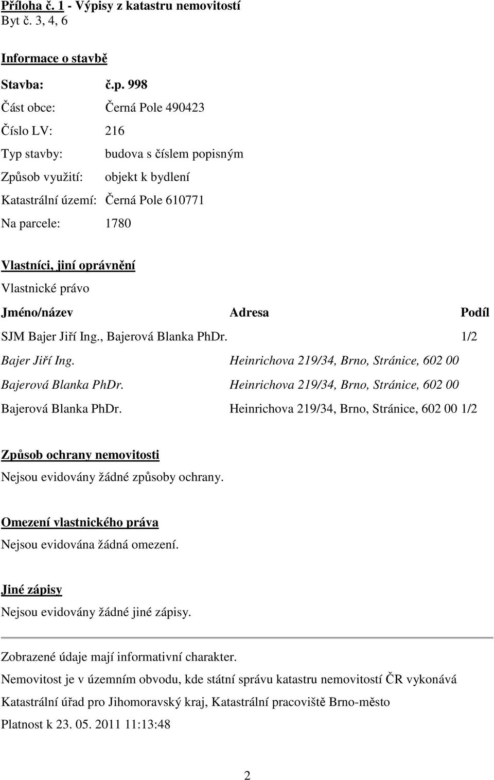 998 Část obce: 490423 Číslo LV: 216 Typ stavby: budova s číslem popisným Způsob využití: objekt k bydlení Katastrální území: 610771 Na parcele: 1780 Vlastníci, jiní oprávnění Vlastnické právo