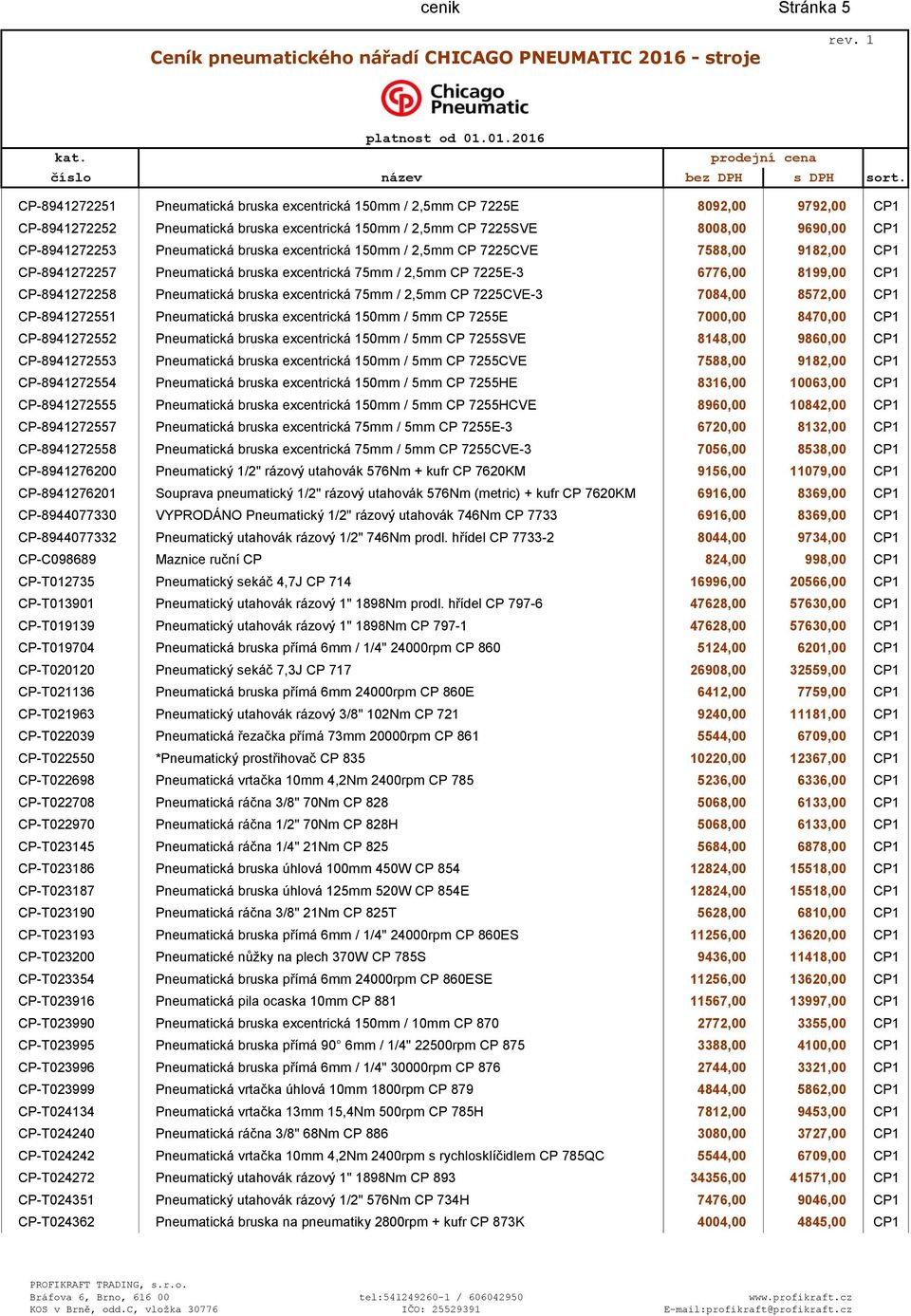 Pneumatická bruska excentrická 75mm / 2,5mm CP 7225CVE-3 7084,00 8572,00 CP1 CP-8941272551 Pneumatická bruska excentrická 150mm / 5mm CP 7255E 7000,00 8470,00 CP1 CP-8941272552 Pneumatická bruska