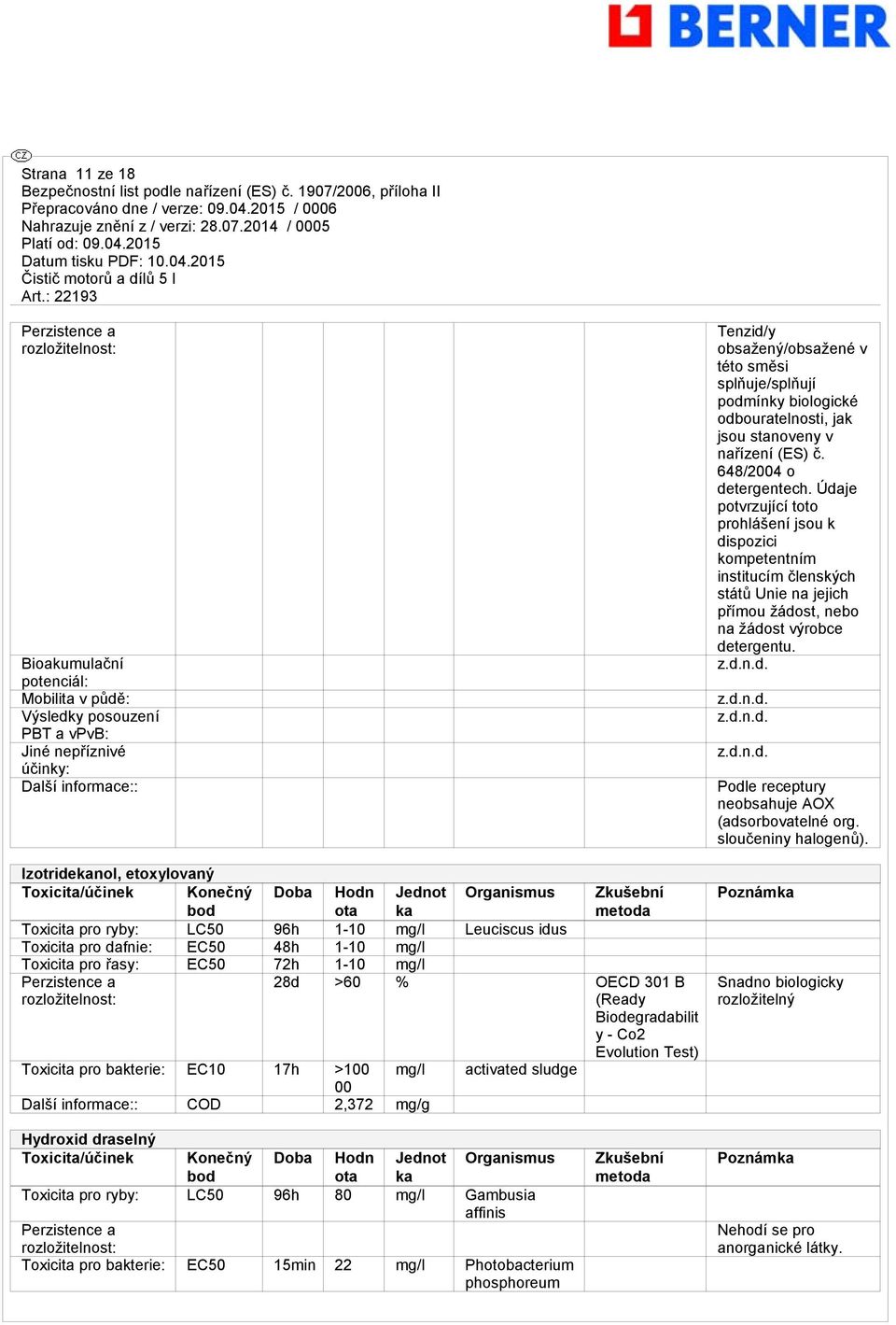 Perzistence a rozložitelnost: Toxicita pro bakterie: EC10 17h >100 mg/l 00 Další informace:: COD 2,372 mg/g Zkušební metoda 28d >60 % OECD 301 B (Ready Biodegradabilit y - Co2 Evolution Test)