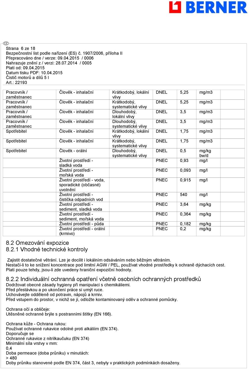 Krátkodobý, lokální DNEL 1,75 mg/m3 vlivy Spotřebitel Člověk - inhalační Krátkodobý, DNEL 1,75 mg/m3 systematické vlivy Spotřebitel Člověk - orální Dlouhodobý, systematické vlivy DNEL 0,5 mg/kg bw/d
