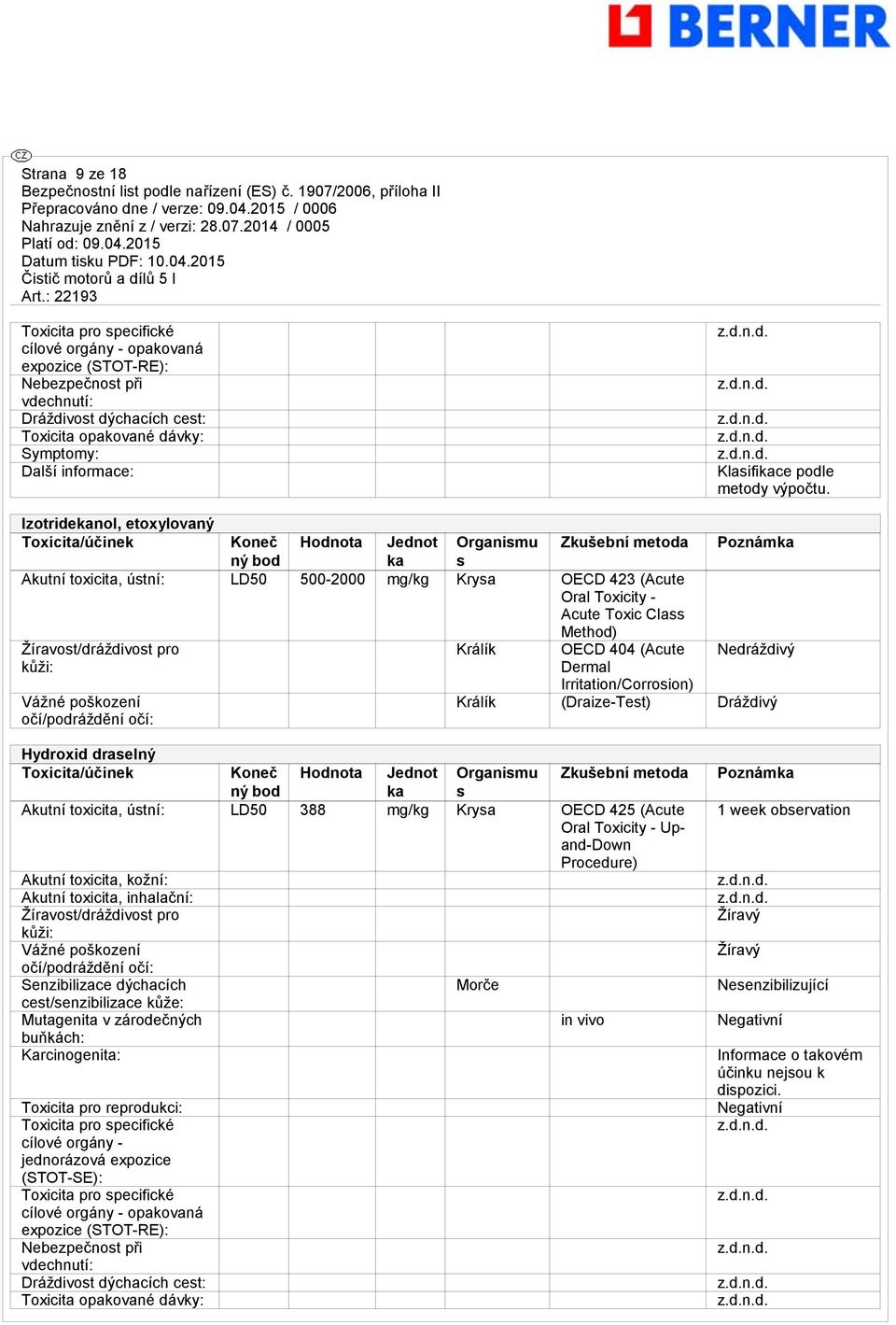 Izotridekanol, etoxylovaný Toxicita/účinek Koneč ný bod Hodnota Jednot ka Organismu s Zkušební metoda Akutní toxicita, ústní: LD50 500-2000 mg/kg Krysa OECD 423 (Acute Oral Toxicity - Acute Toxic