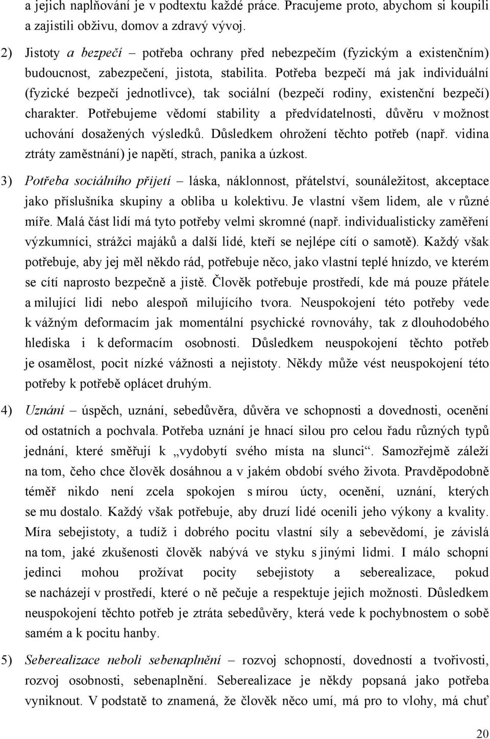 Potřeba bezpečí má jak individuální (fyzické bezpečí jednotlivce), tak sociální (bezpečí rodiny, existenční bezpečí) charakter.