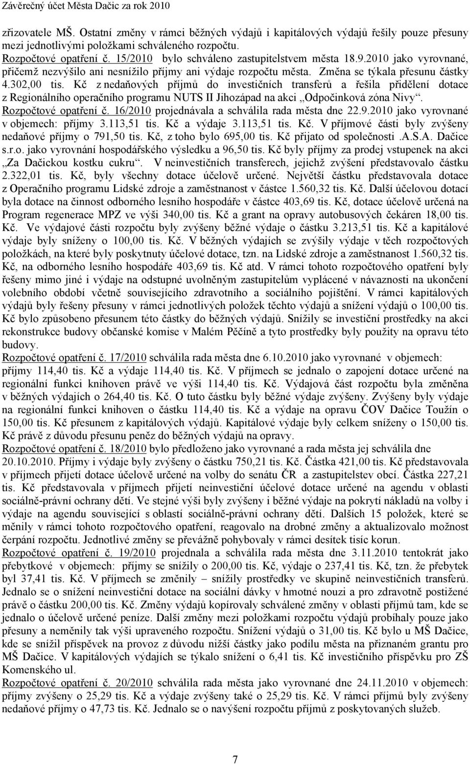 302,00 tis. Kč z nedaňových příjmů do investičních transferů a řešila přidělení dotace z Regionálního operačního programu NUTS II Jihozápad na akci Odpočinková zóna Nivy. Rozpočtové opatření č.