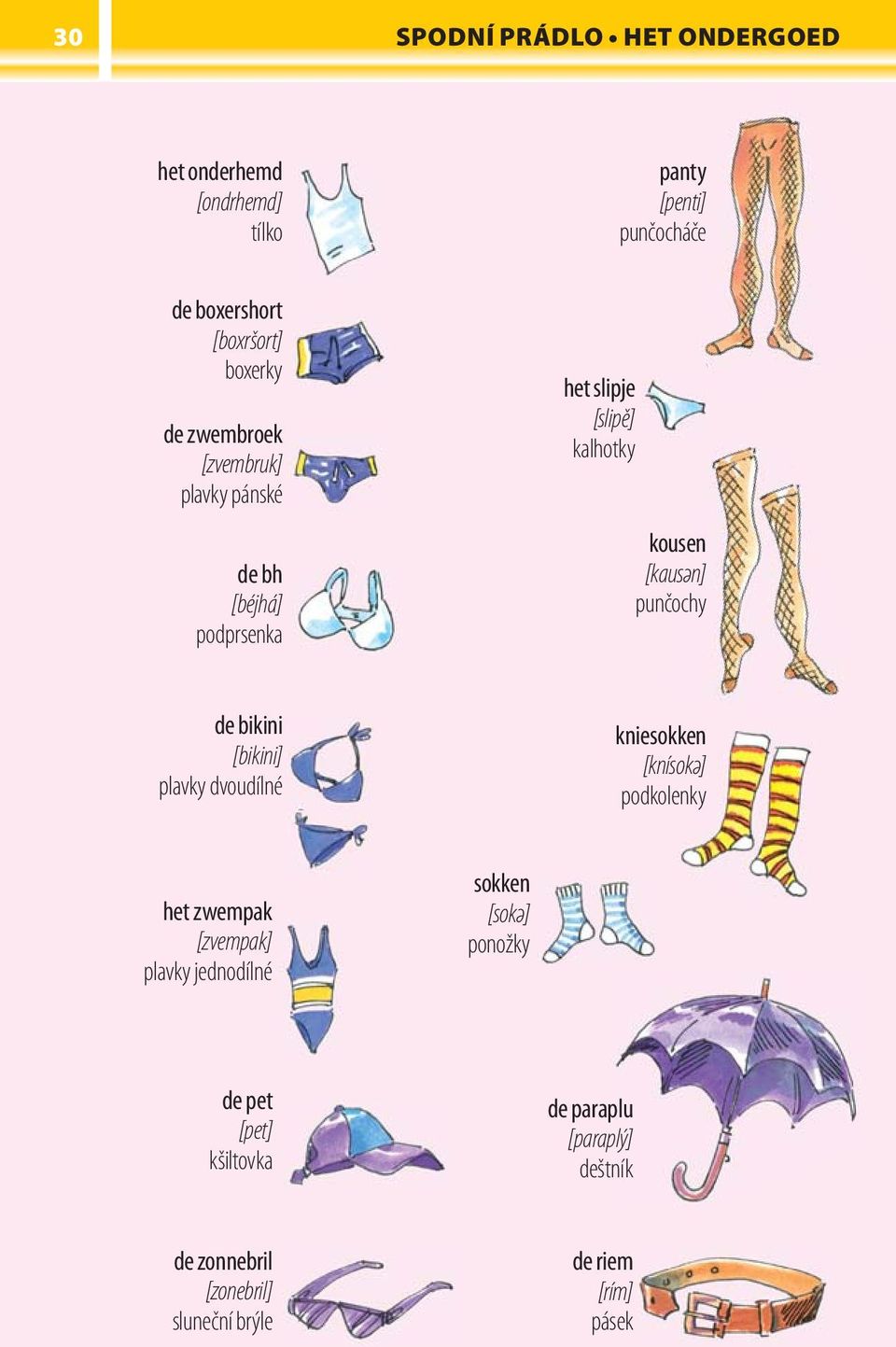 punčochy de bikini [bikini] plavky dvoudílné kniesokken [knísokә] podkolenky het zwempak [zvempak] plavky jednodílné