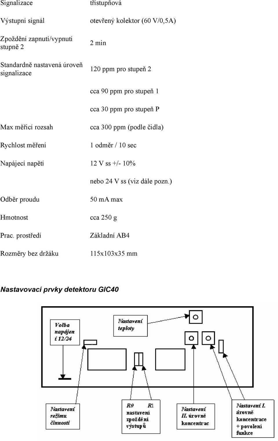 měření cca 300 ppm (podle čidla) 1 odměr / 10 sec Napájecí napětí 12 V ss +/- 10% nebo 24 V ss (viz dále pozn.