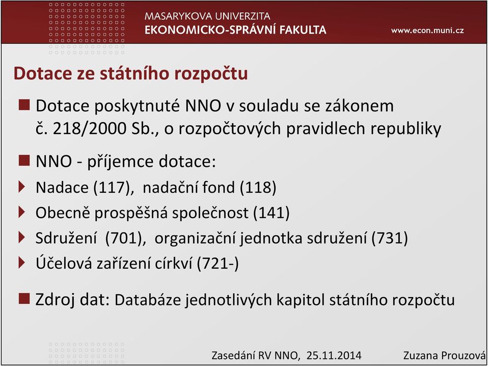 , o rozpočtových pravidlech republiky NNO -příjemce dotace: Nadace (117), nadační fond (118)