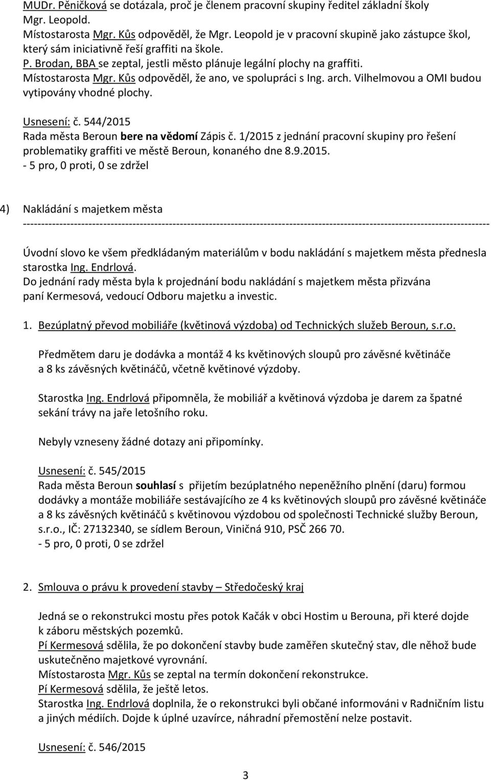 Kůs odpověděl, že ano, ve spolupráci s Ing. arch. Vilhelmovou a OMI budou vytipovány vhodné plochy. Usnesení: č. 544/2015 Rada města Beroun bere na vědomí Zápis č.