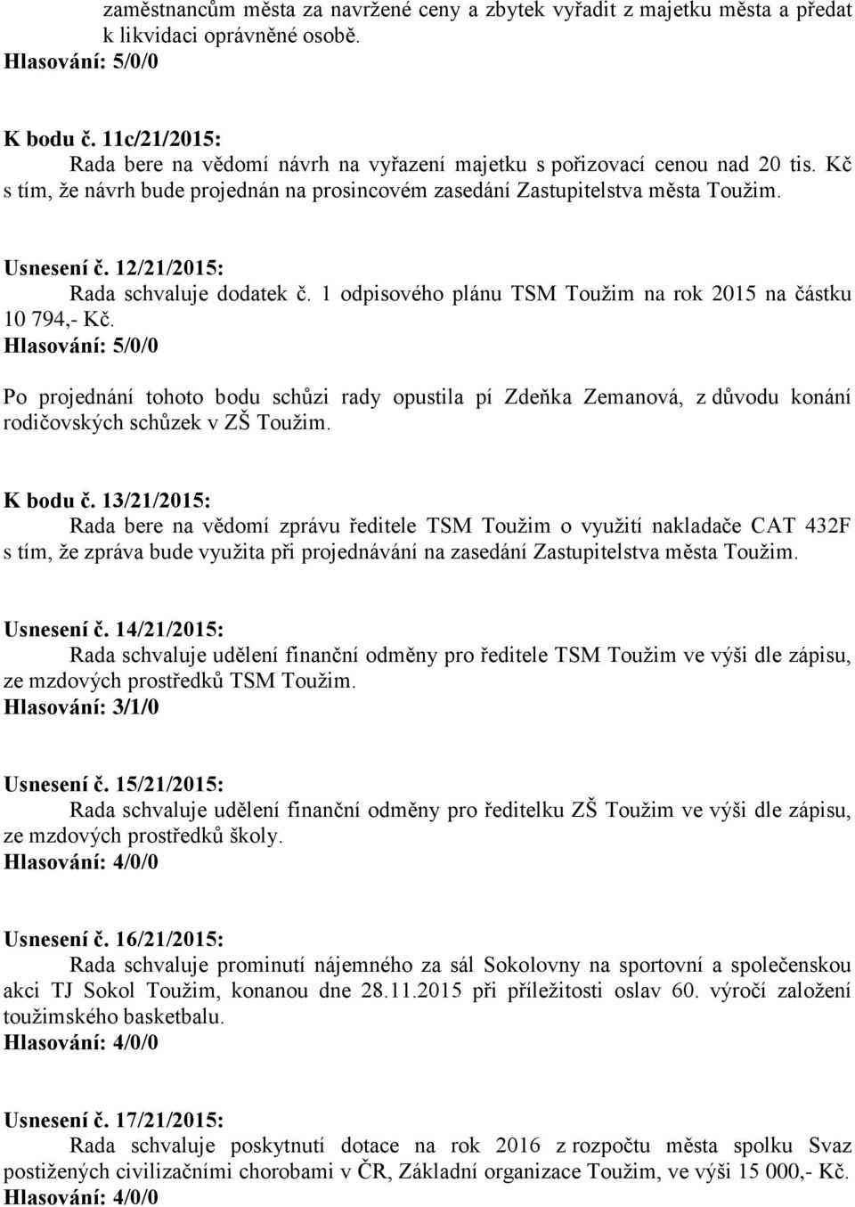 12/21/2015: Rada schvaluje dodatek č. 1 odpisového plánu TSM Toužim na rok 2015 na částku 10 794,- Kč.