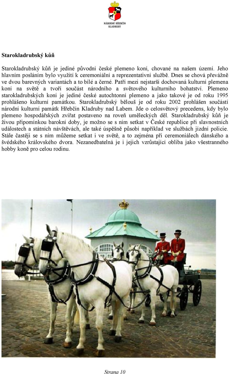 Plemeno starokladrubských koní je jediné české autochtonní plemeno a jako takové je od roku 995 prohlášeno kulturní památkou.