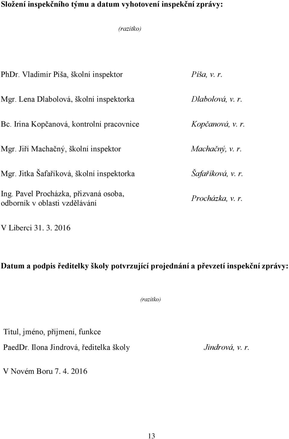 Jiří Machačný, školní inspektor Machačný, v. r. Mgr. Jitka Šafaříková, školní inspektorka Šafaříková, v. r. Ing.