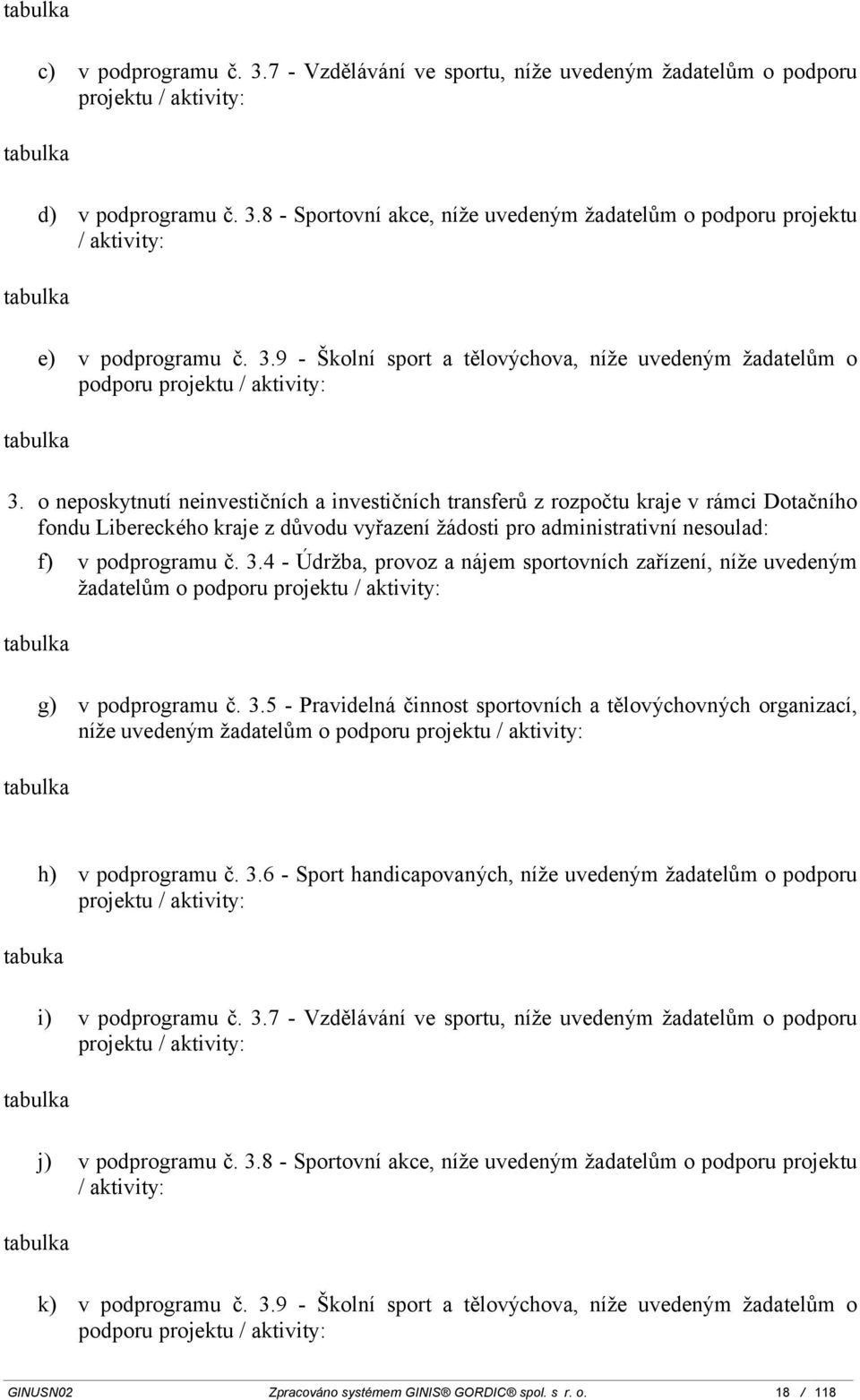 o neposkytnutí neinvestičních a investičních transferů z rozpočtu kraje v rámci Dotačního fondu Libereckého kraje z důvodu vyřazení žádosti pro administrativní nesoulad: tabulka f) v podprogramu č.