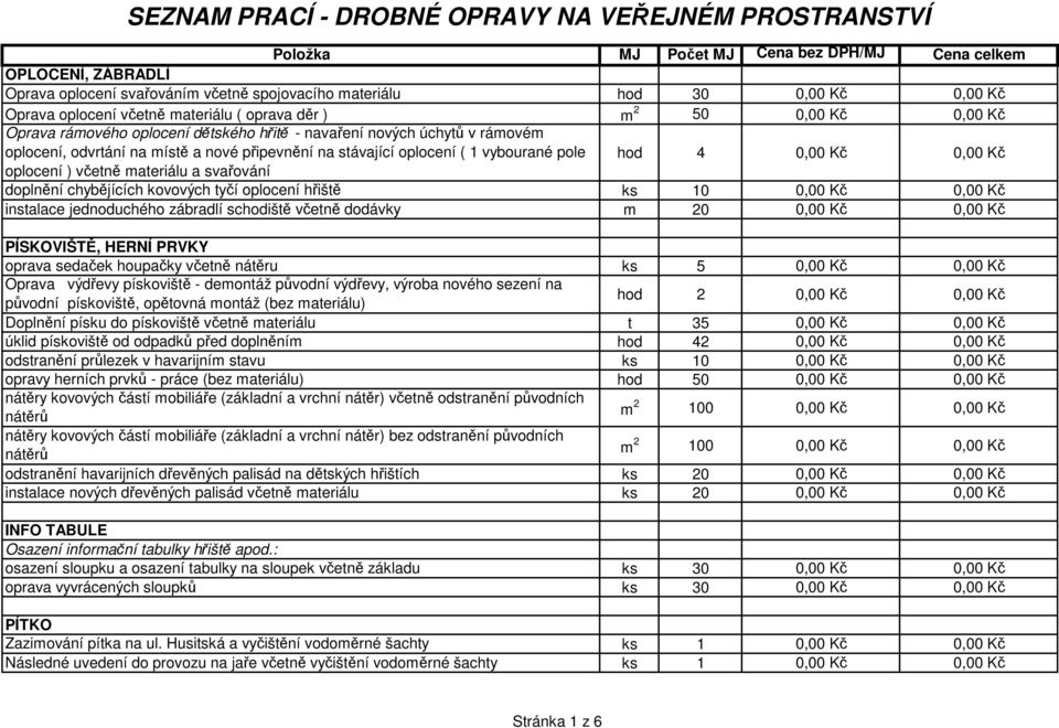 pole hod 4 oplocení ) včetně materiálu a svařování doplnění chybějících kovových tyčí oplocení hřiště ks 10 instalace jednoduchého zábradlí schodiště včetně dodávky m 20 PÍSKOVIŠTĚ, HERNÍ PRVKY