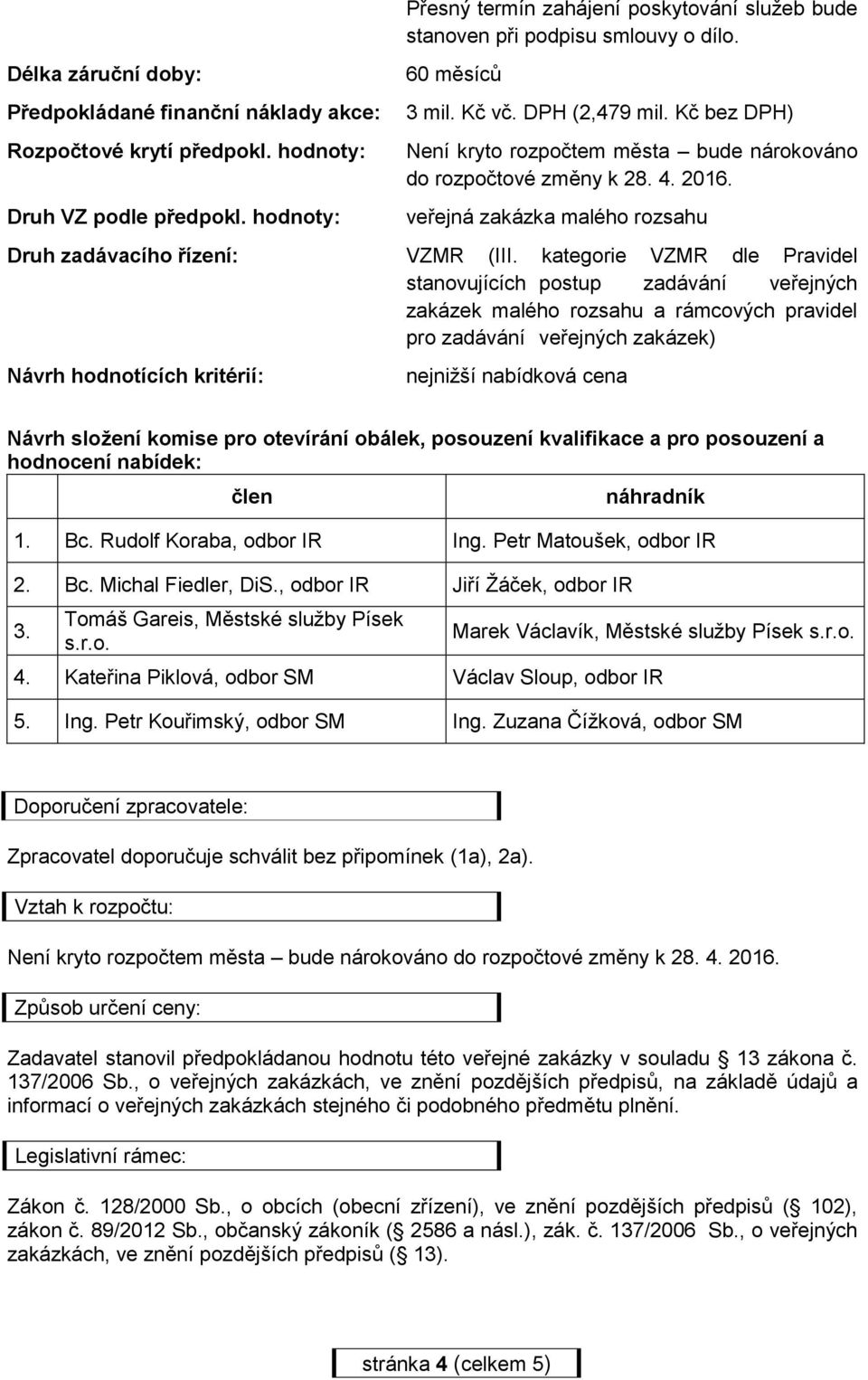 Kč bez DPH) Není kryto rozpočtem města bude nárokováno do rozpočtové změny k 28. 4. 2016. veřejná zakázka malého rozsahu Druh zadávacího řízení: VZMR (III.