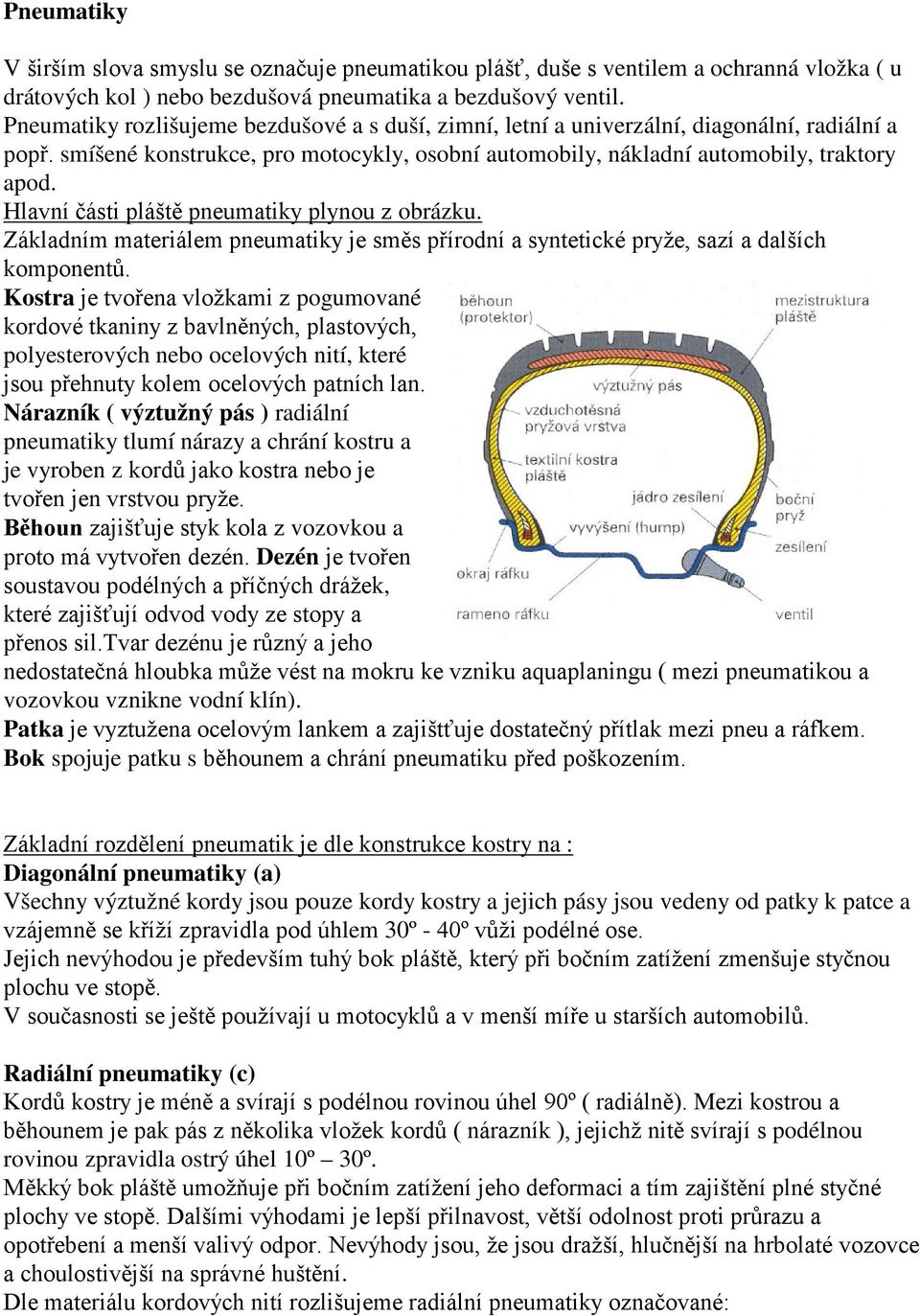 Hlavní části pláště pneumatiky plynou z obrázku. Základním materiálem pneumatiky je směs přírodní a syntetické pryže, sazí a dalších komponentů.