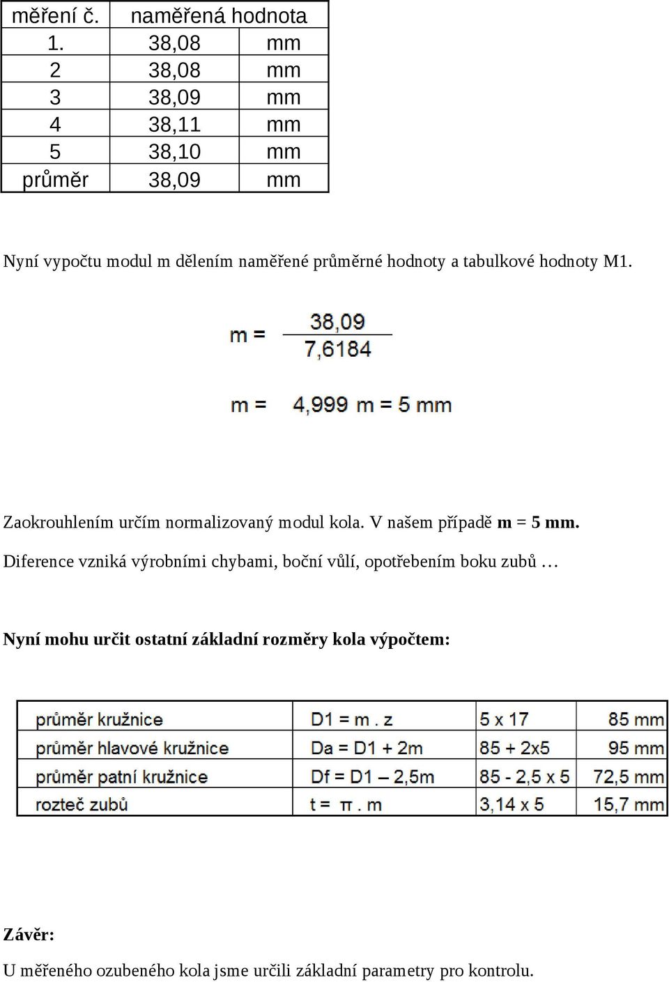 průměrné hodnoty a tabulkové hodnoty M1. Zaokrouhlením určím normalizovaný modul kola. V našem případě m = 5 mm.