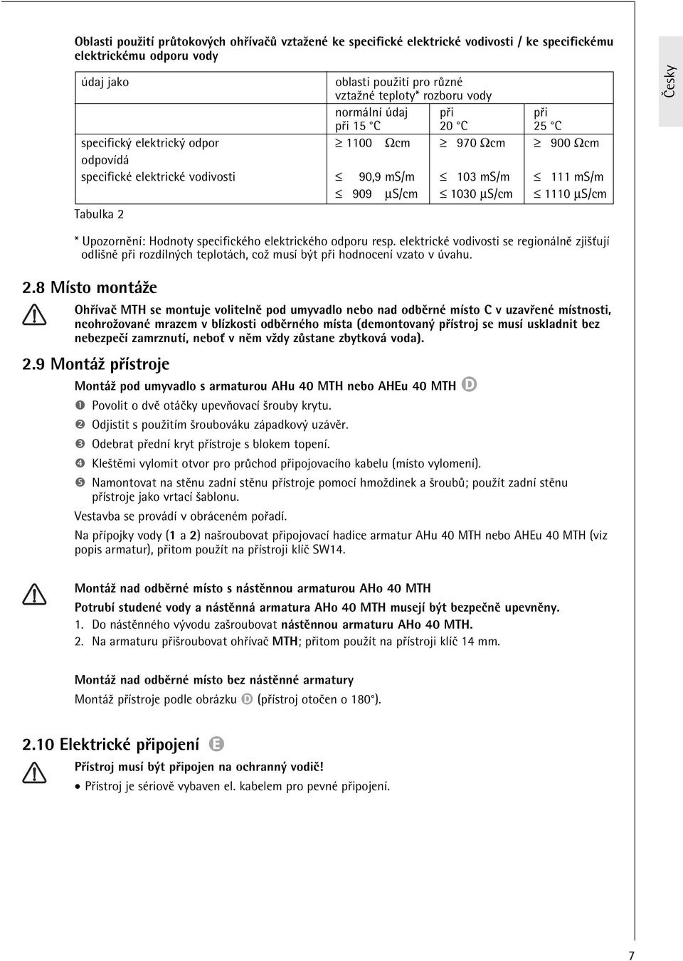 ťesky * UpozornĎnĚ: Hodnoty specifickčho elektrickčho odporu resp. elektrickč vodivosti se regionˇlnď zjiöůujě odliönď pżi rozdělnch teplotˇch, coű musě bt pżi hodnoceně vzato v vahu. 2.