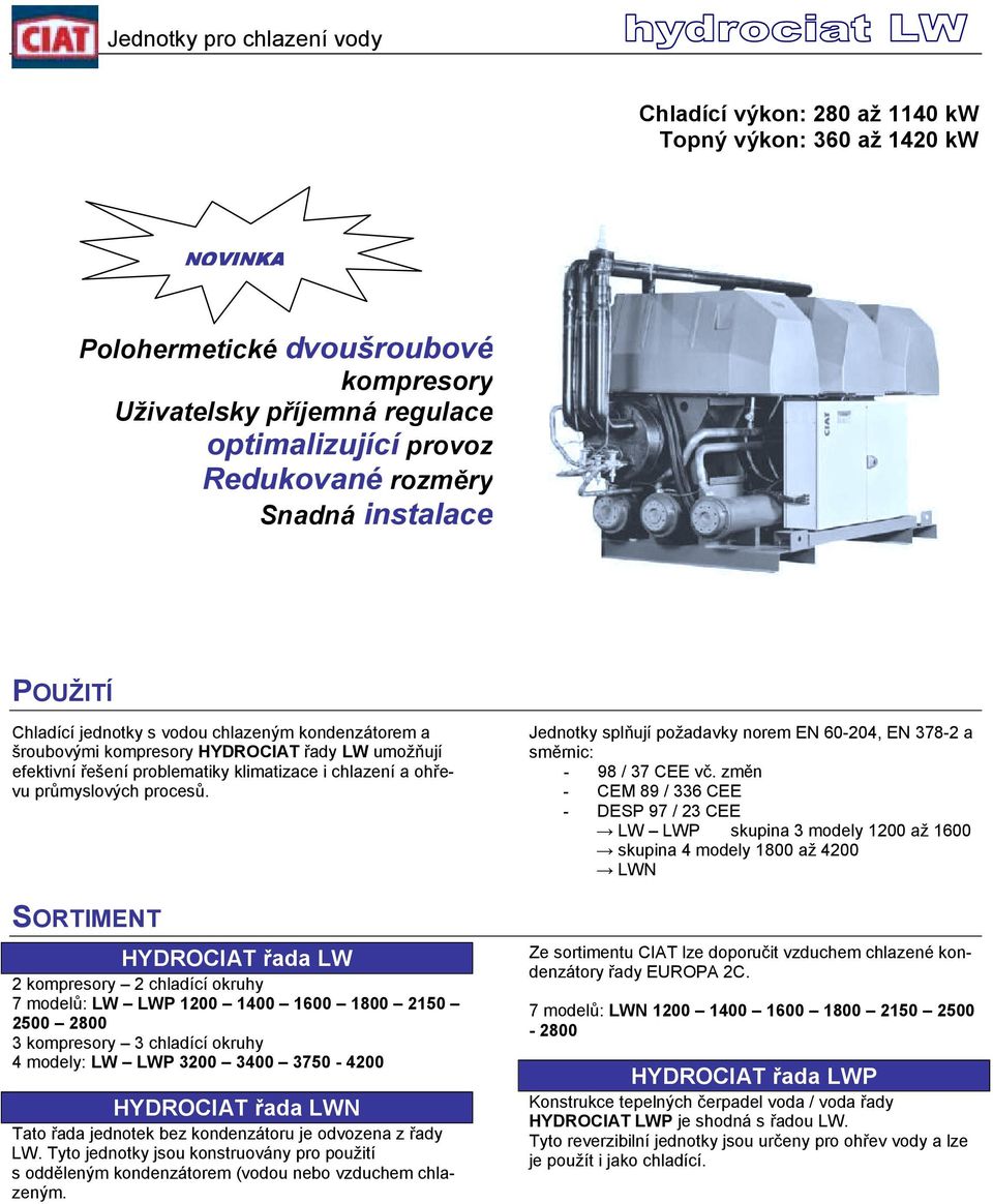 SORTIMENT HYDROCIAT řada LW 2 kompresory 2 chladící okruhy 7 modelů: LW LWP 1200 1400 1600 1800 2150 2500 2800 3 kompresory 3 chladící okruhy 4 modely: LW LWP 3200 3400 3750-4200 HYDROCIAT řada LWN