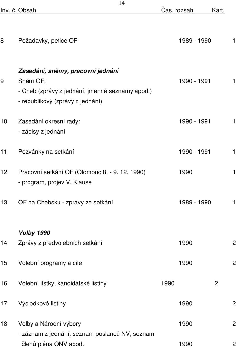 Klause 13 OF na Chebsku - zprávy ze setkání 1989-1990 1 Volby 1990 14 Zprávy z předvolebních setkání 1990 2 15 Volební programy a cíle 1990 2 16 Volební lístky, kandidátské