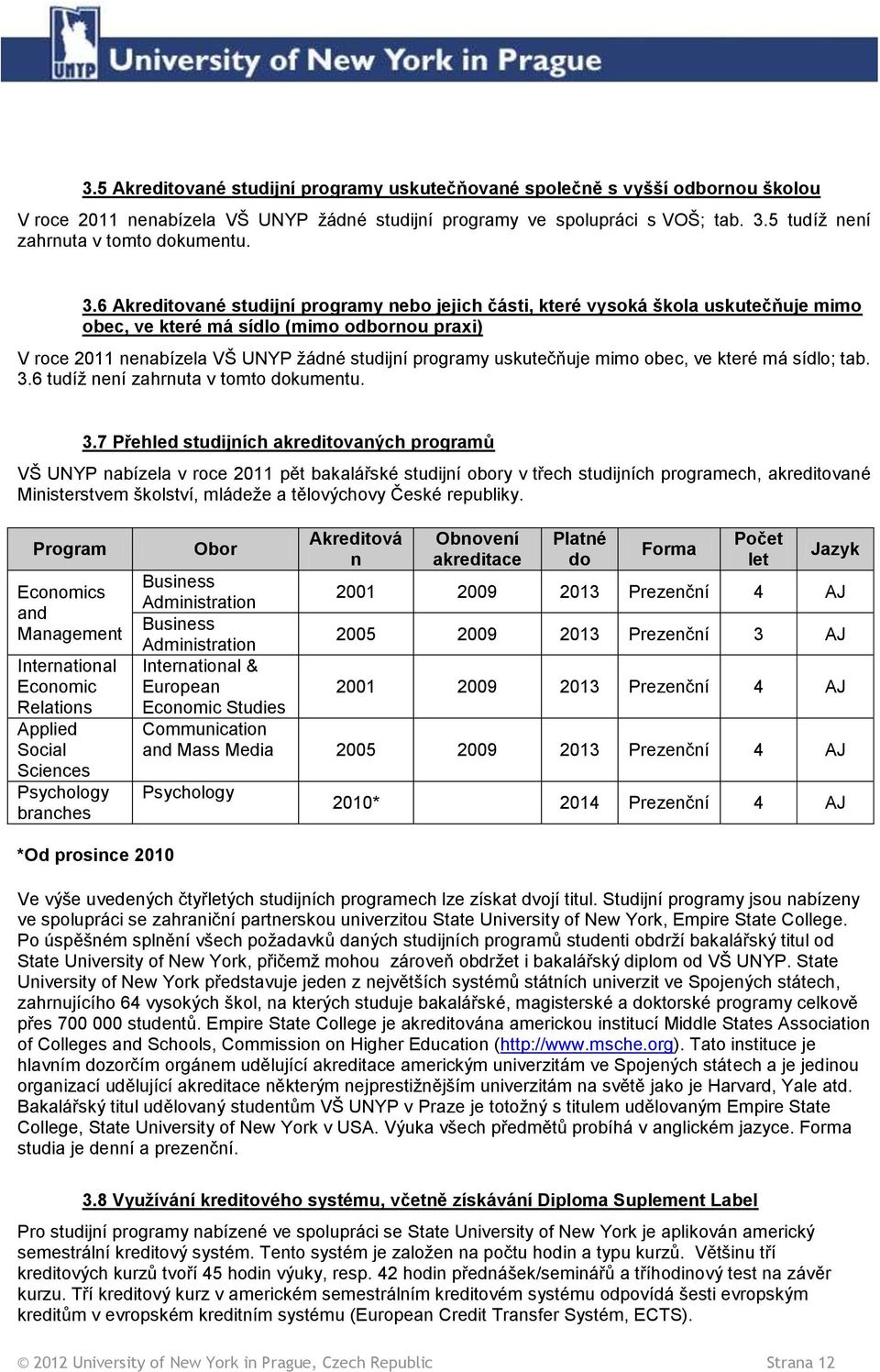 6 Akreditované studijní programy nebo jejich části, které vysoká škola uskutečňuje mimo obec, ve které má sídlo (mimo odbornou praxi) V roce 2011 nenabízela VŠ UNYP žádné studijní programy