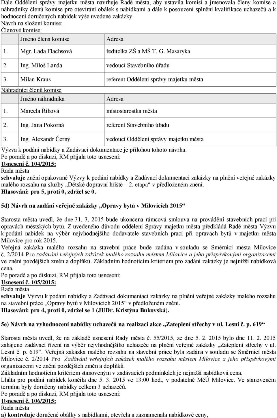 Miloš Landa vedoucí Stavebního úřadu 3. Milan Kraus referent Oddělení správy majetku města Náhradníci členů komise Jméno náhradníka Adresa 1. Marcela Říhová místostarostka města 2. Ing.