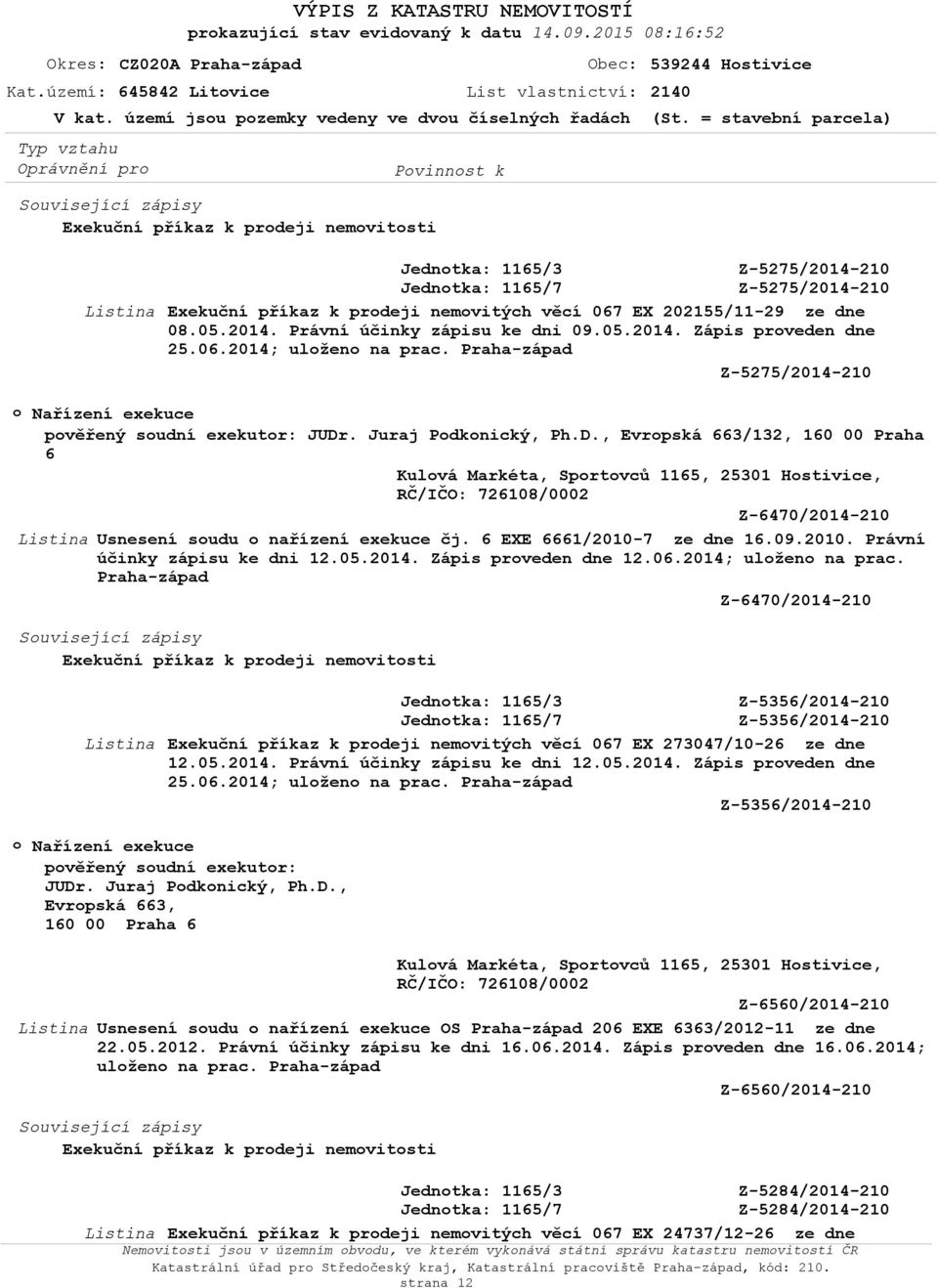 05.2014. Zápis prveden dne 25.06.2014; ulžen na prac. Praha-západ Z-5275/2014-210 Nařízení exekuce pvěřený sudní exekutr: JUDr