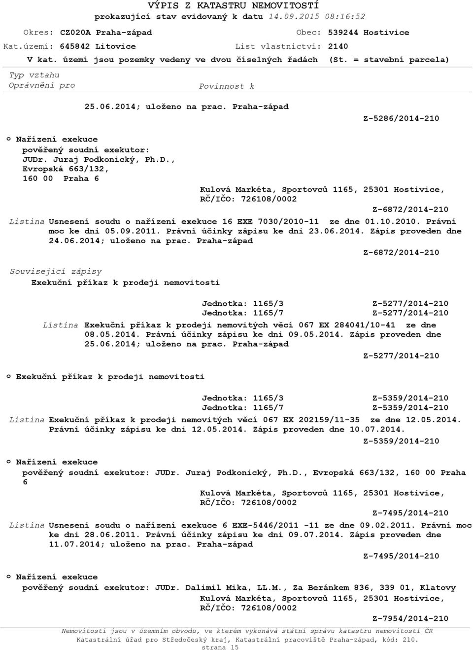 . Juraj Pdknický, Ph.D., Evrpská 663/132, 160 00 Praha 6 Kulvá Markéta, Sprtvců 1165, 25301 Hstivice, Z-6872/2014-210 Usnesení sudu nařízení exekuce 16 EXE 7030/2010-11 ze dne 01.10.2010. Právní mc ke dni 05.