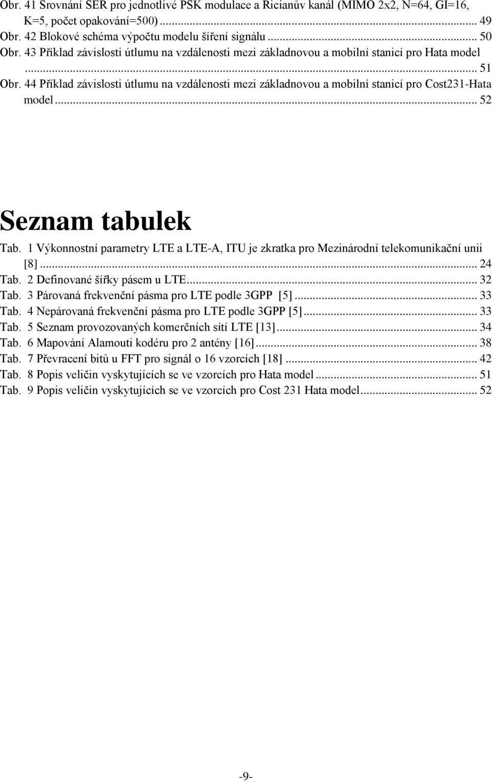 44 Příklad závislosti útlumu na vzdálenosti mezi základnovou a mobilní stanicí pro Cost231-Hata model... 52 Seznam tabulek Tab.