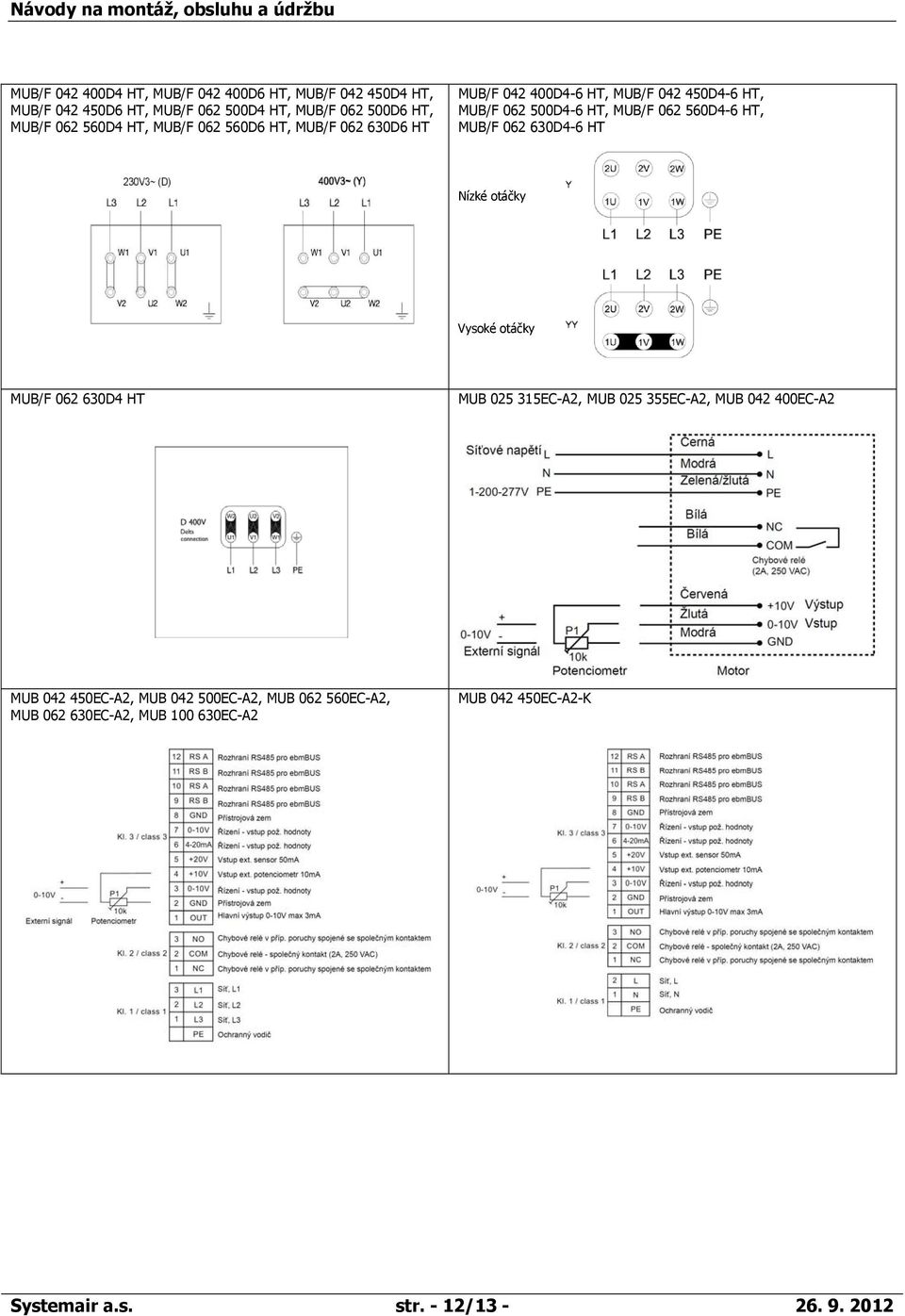 HT, MUB/F 062 630D4-6 HT Nízké otáčky Vysoké otáčky MUB/F 062 630D4 HT MUB 025 315EC-A2, MUB 025 355EC-A2, MUB 042 400EC-A2 MUB 042