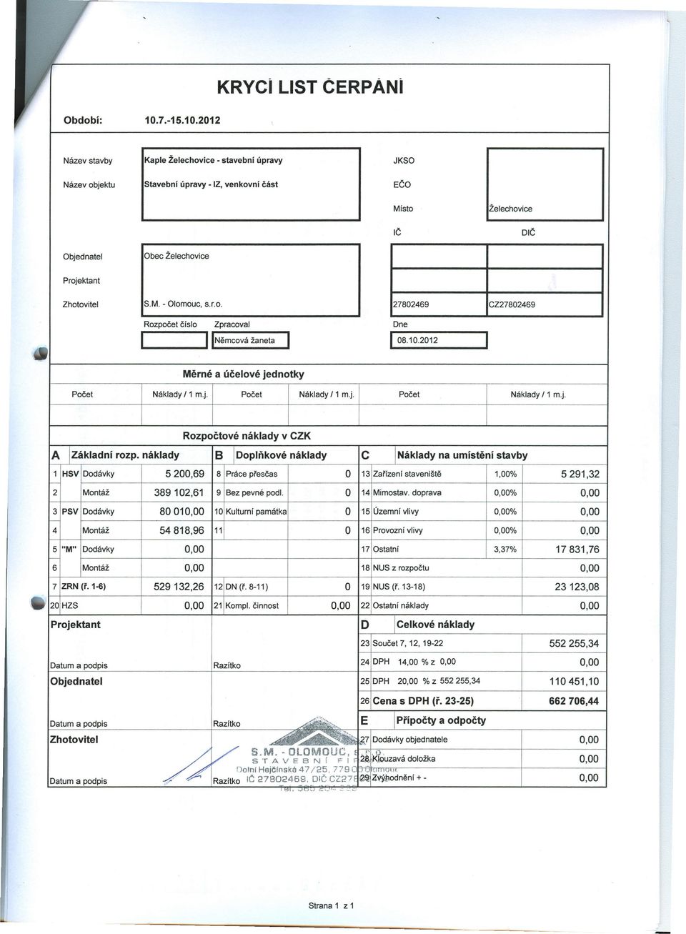 M. - Olomouc, s.r.o. 27802469 CZ27802469." Rozpočet číslo Zpracoval Dne IINěmcová žaneta I 08.10.2012 I I Měrné a účelové jednotky I Počet Náklady /1 m.j. Počet Náklady /1 m.j. Počet Náklady /1 m.j. Rozpočtové náklady v CZK A IZákladní rozp.