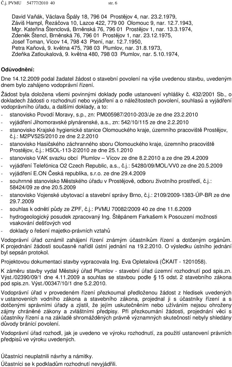 května 475, 798 03 Plumlov, nar. 31.8.1973, Zdeňka Zatloukalová, 9. května 480, 798 03 Plumlov, nar. 5.10.1974, Odůvodnění: Dne 14.12.