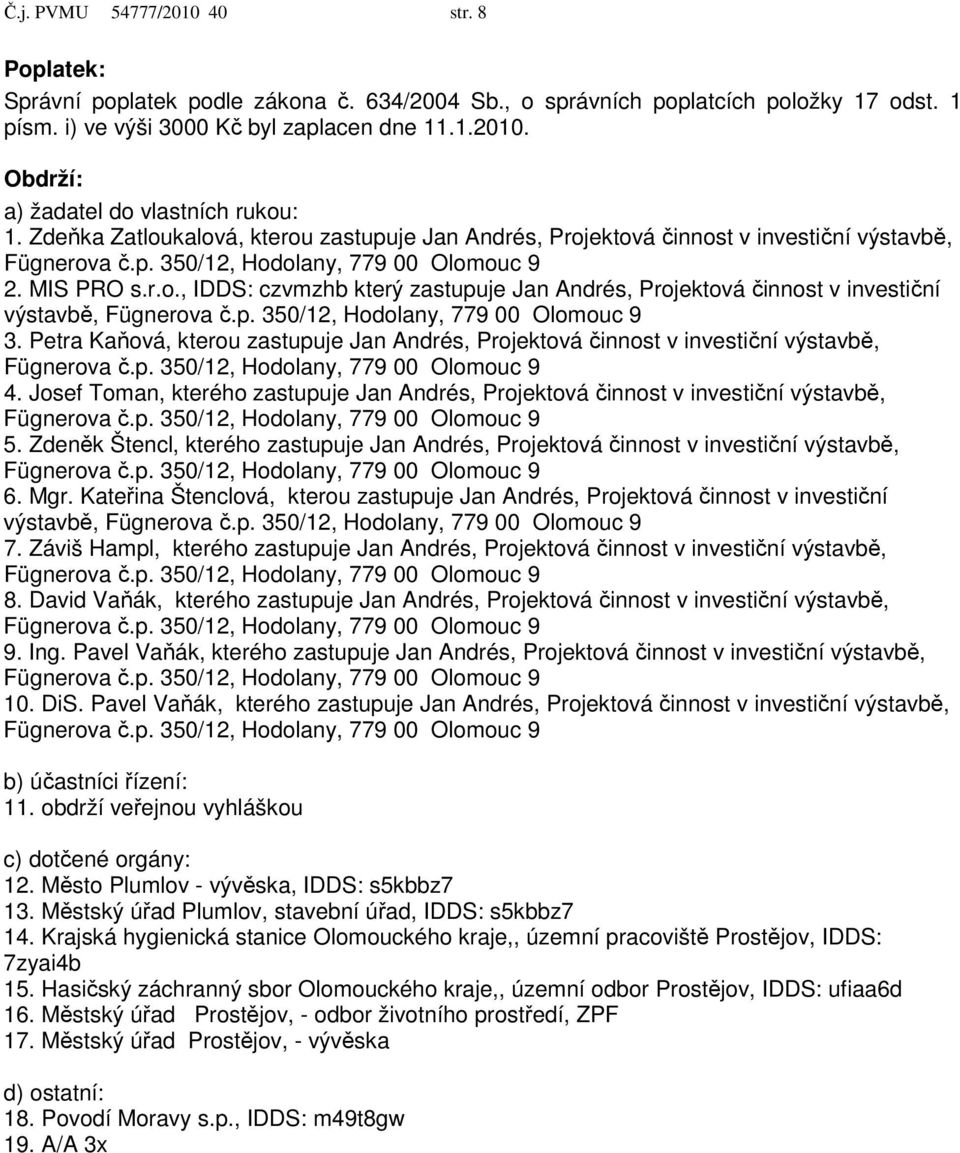 Petra Kaňová, kterou zastupuje Jan Andrés, Projektová činnost v investiční výstavbě, 4. Josef Toman, kterého zastupuje Jan Andrés, Projektová činnost v investiční výstavbě, 5.