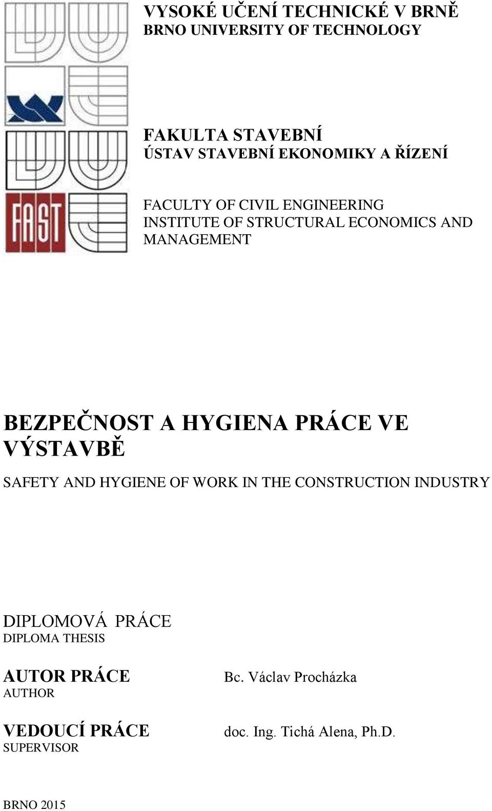 HYGIENA PRÁCE VE VÝSTAVBĚ SAFETY AND HYGIENE OF WORK IN THE CONSTRUCTION INDUSTRY DIPLOMOVÁ PRÁCE