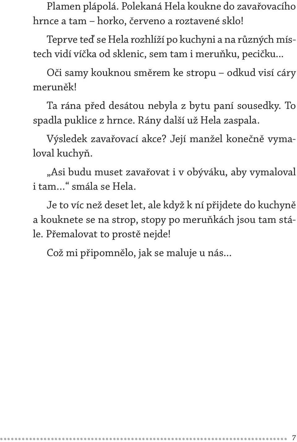 Ta rána před desátou nebyla z bytu paní sousedky. To spadla puklice z hrnce. Rány další už Hela zaspala. Výsledek zavařovací akce? Její manžel konečně vymaloval kuchyň.