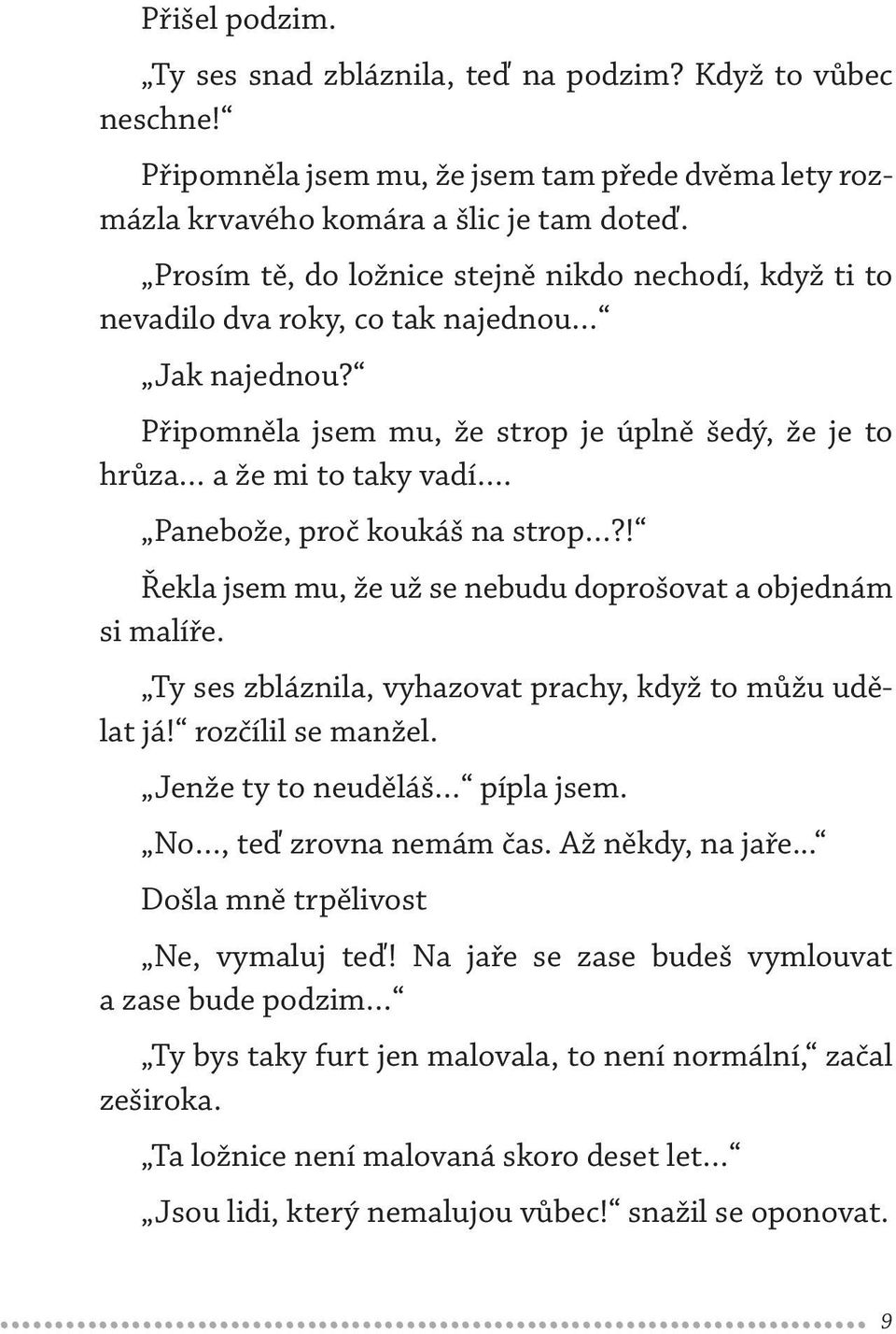 Panebože, proč koukáš na strop?! Řekla jsem mu, že už se nebudu doprošovat a objednám si malíře. Ty ses zbláznila, vyhazovat prachy, když to můžu udělat já! rozčílil se manžel.