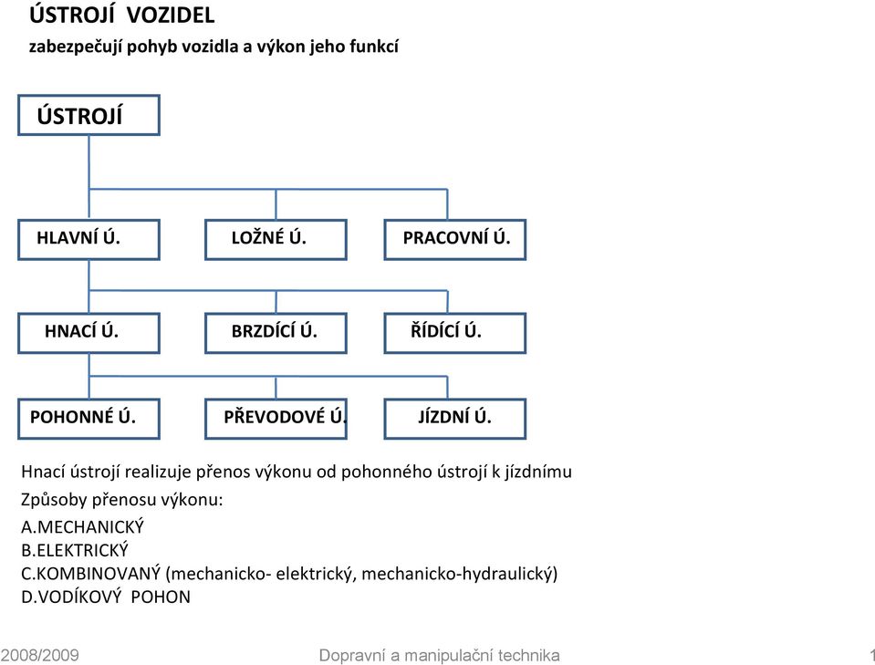 Hnací ústrojí realizuje přenos výkonu od pohonného ústrojí k jízdnímu Způsoby přenosu