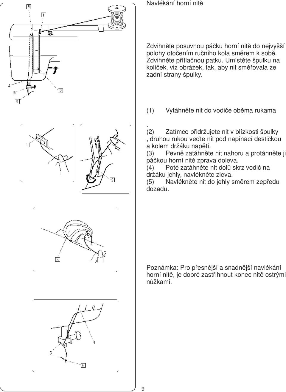 (2) Zatímco přidržujete nit v blízkosti špulky, druhou rukou veďte nit pod napínací destičkou a kolem držáku napětí.