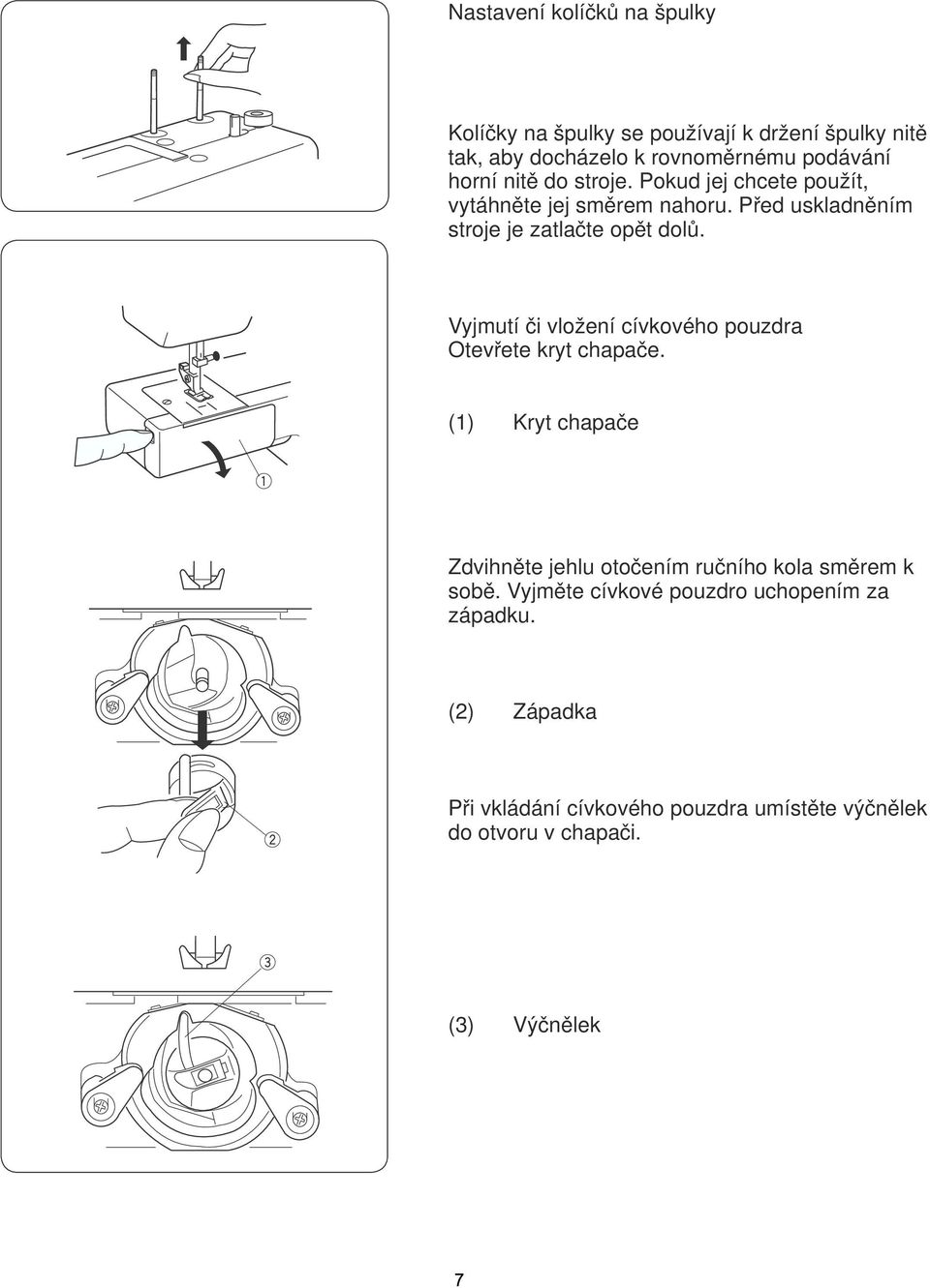 Vyjmutí či vložení cívkového pouzdra Otevřete kryt chapače. (1) Kryt chapače Zdvihněte jehlu otočením ručního kola směrem k sobě.