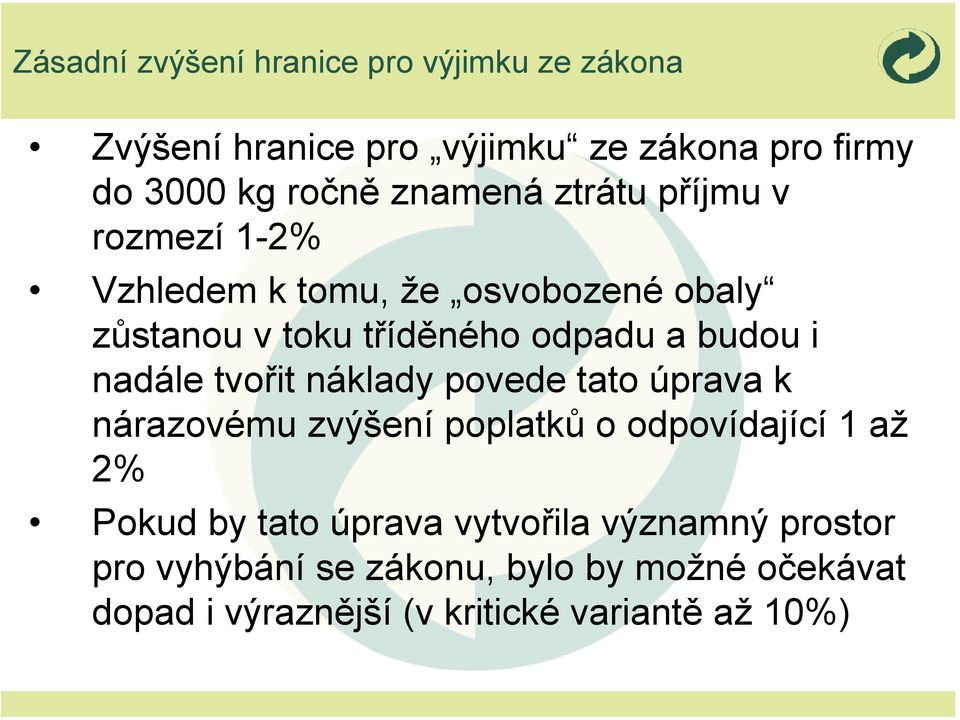 i nadále tvořit náklady povede tato úprava k nárazovému zvýšení poplatků o odpovídající 1 až 2% Pokud by tato