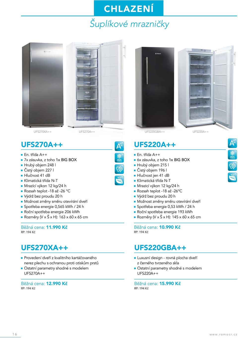 energie 0,565 kwh / 24 h Roční spotřeba energie 206 kwh Rozměry (V x Š x H): 163 x 60 x 65 cm Běžná cena: 11.990 Kč A + UFS220A++ A + FAST ECO En.