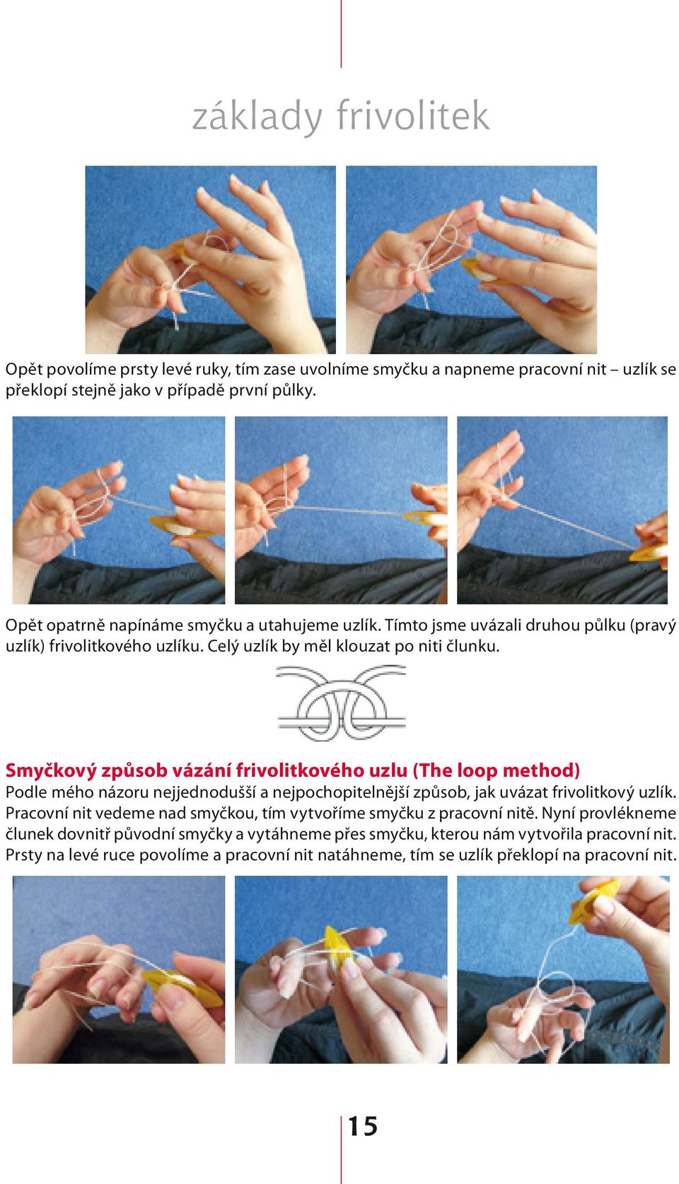 Smyčkový způsob vázání frivolitkového uzlu (The loop method) Podle mého názoru nejjednodušší a nejpochopitelnější způsob, jak uvázat frivolitkový uzlík.