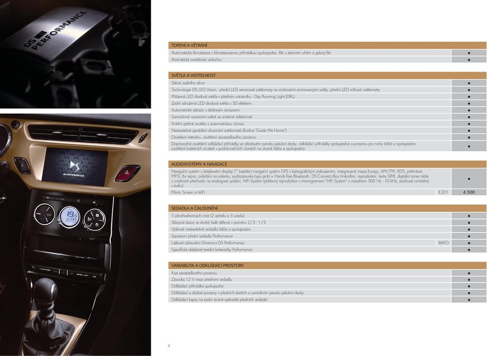 Zadní sdružená LED diodová světla s 3D efektem Automatické stěrače s dešťovým senzorem Samočinné rozsvícení světel za snížené viditelnosti Vnitřní zpětné zrcátko s automatickou clonou Nastavitelné