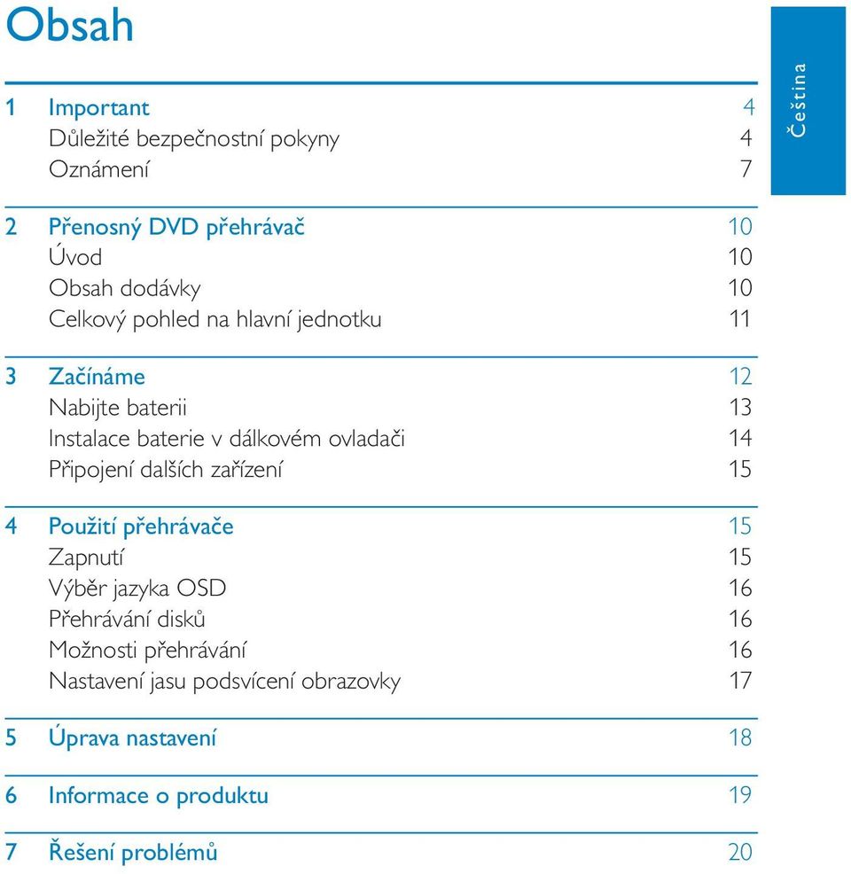 ovlada i 14 P ipojení dalších za ízení 15 4 Použití p ehráva e 15 Zapnutí 15 Výb r jazyka OSD 16 P ehrávání disk 16