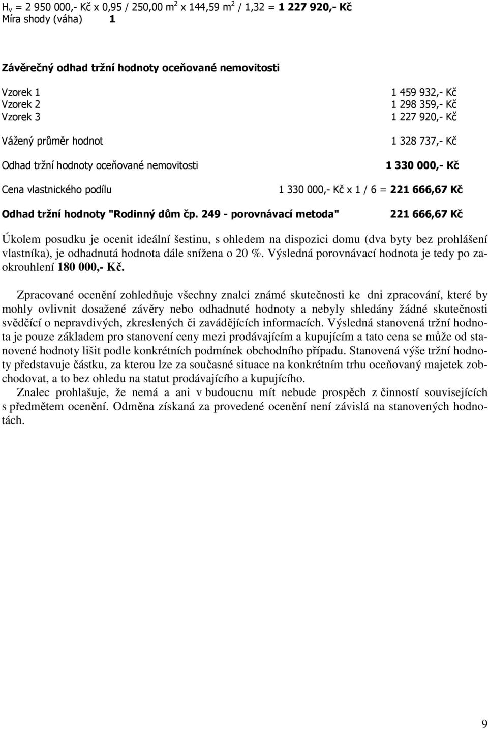 dům čp. 249 - porovnávací metoda" 221 666,67 Kč Úkolem posudku je ocenit ideální šestinu, s ohledem na dispozici domu (dva byty bez prohlášení vlastníka), je odhadnutá hodnota dále snížena o 20 %.