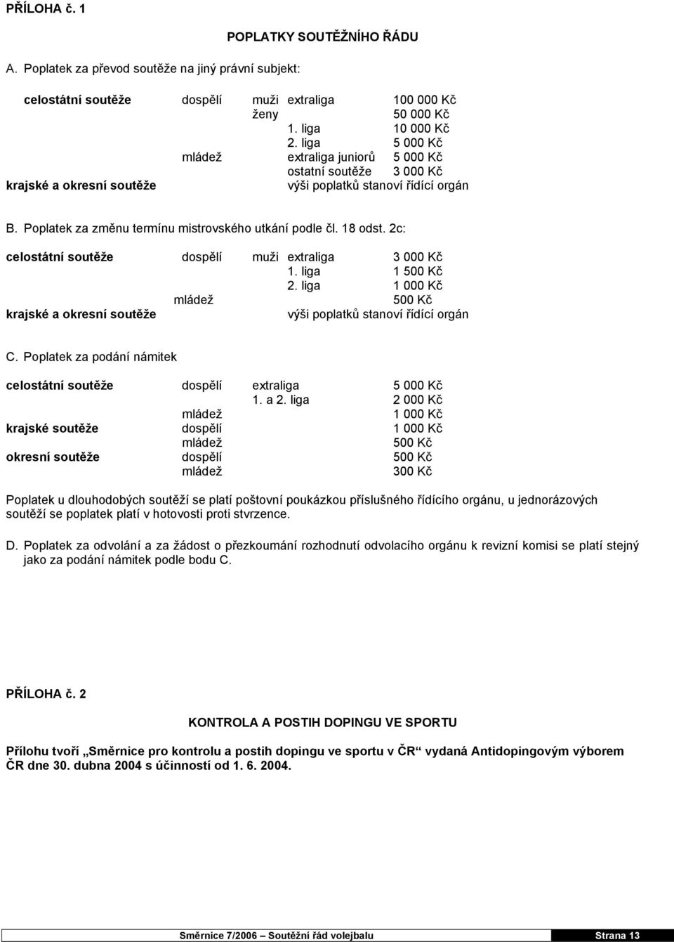 2c: celostátní soutěže dospělí muži extraliga 3 000 Kč 1. liga 1 500 Kč 2. liga 1 000 Kč 500 Kč krajské a okresní soutěže výši poplatků stanoví řídící orgán C.