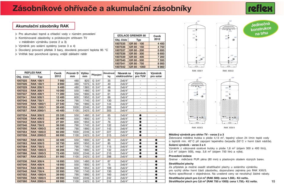 Zásobníkové ohřívače a akumulační zásobníky kumulační zásobníky RK Pro akumulaci topné a chladicí vody v různém provedení Kombinované zásobníky s průtokovým ohřevem TV v měděném výměníku (verze 2 a