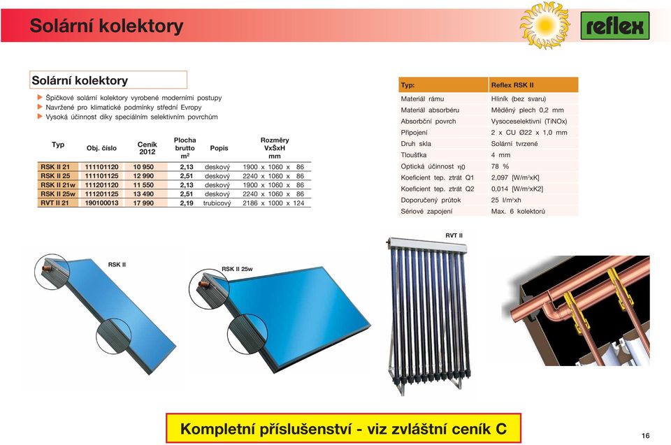 1060 x 86 RSK II 25w 111201125 13 490 2,51 deskový 2240 x 1060 x 86 RVT II 21 190100013 17 990 2,19 trubicový 2186 x 1000 x 124 : Reflex RSK II Materiál rámu liník (bez svaru) Materiál absorbéru